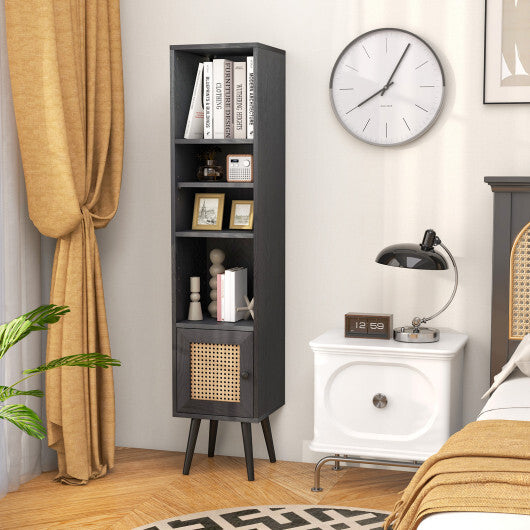 4 Tiers Rattan Storage Cabinet with Slim Design-Black - Color: Black