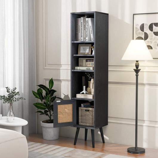 4 Tiers Rattan Storage Cabinet with Slim Design-Black - Color: Black