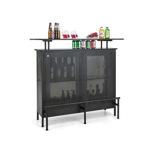 4-Tier Liquor Bar Table with 6 Glass Holders and Metal Footrest-Black - Color: Black