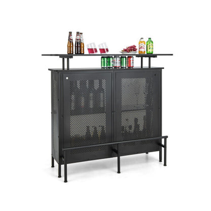 4-Tier Liquor Bar Table with 6 Glass Holders and Metal Footrest-Black - Color: Black