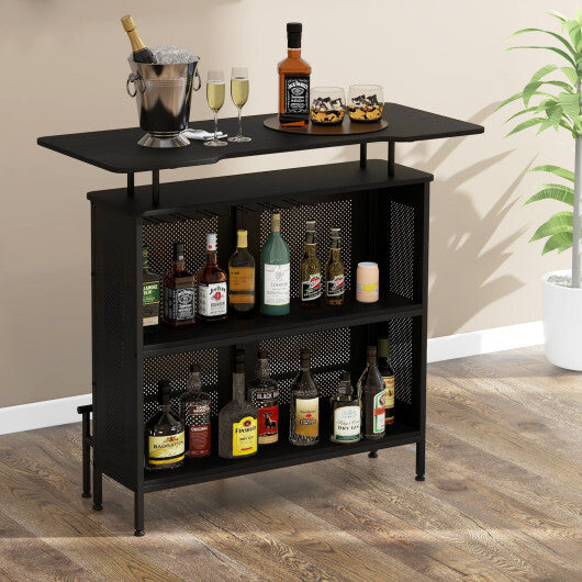 4-Tier Liquor Bar Table with 6 Glass Holders and Metal Footrest-Black - Color: Black