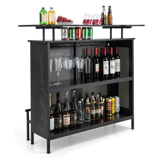 4-Tier Liquor Bar Table with 6 Glass Holders and Metal Footrest-Black - Color: Black