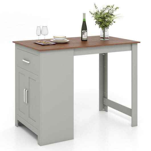 Counter Height Bar Table with Storage Cabinet and Drawer-Gray - Color: Gray