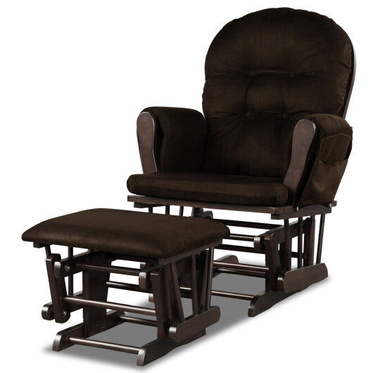 Wood Glider and Ottoman Set with Padded Armrests and Detachable Cushion-Brown - Color: Brown