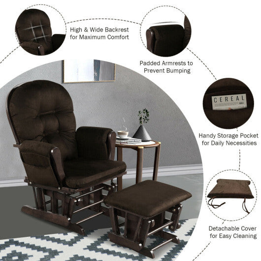 Wood Glider and Ottoman Set with Padded Armrests and Detachable Cushion-Brown - Color: Brown