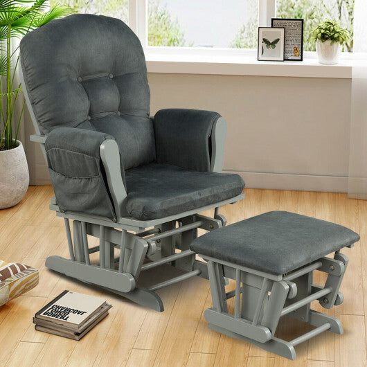 Wood Glider and Ottoman Set with Padded Armrests and Detachable Cushion-Dark Gray - Color: Dark Gray