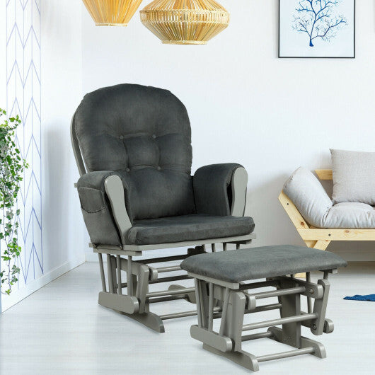 Wood Glider and Ottoman Set with Padded Armrests and Detachable Cushion-Dark Gray - Color: Dark Gray