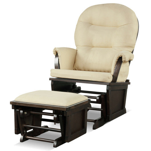 Wood Baby Glider and Ottoman Cushion Set with Padded Armrests for Nursing-Beige - Color: Beige