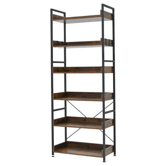 6-Tier Tall Industrial Bookcase with Open Shelves and 4 Hooks-Brown - Color: Brown