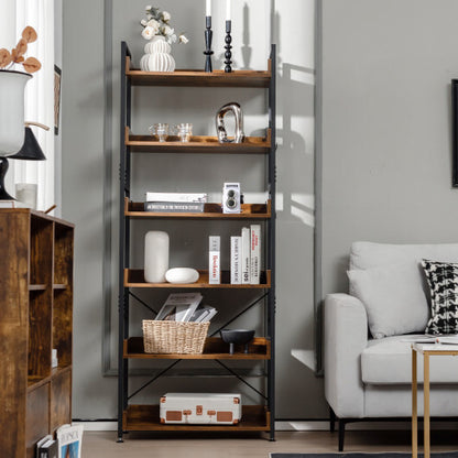 6-Tier Tall Industrial Bookcase with Open Shelves and 4 Hooks-Brown - Color: Brown