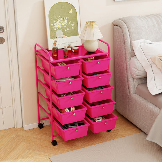 10-Drawer Rolling Storage Cart-Pink - Color: Pink