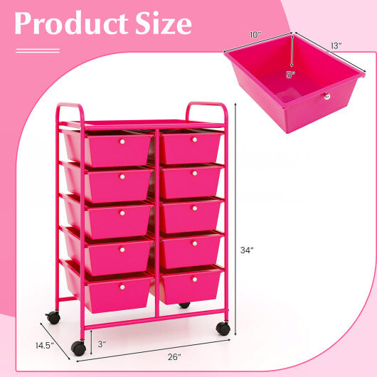 10-Drawer Rolling Storage Cart-Pink - Color: Pink