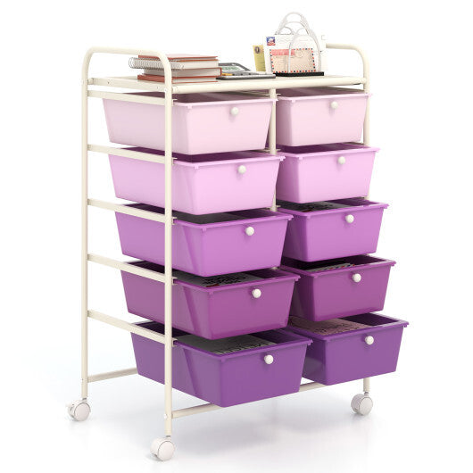 10-Drawer Rolling Storage Cart-Purple - Color: Purple