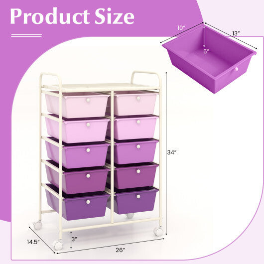 10-Drawer Rolling Storage Cart-Purple - Color: Purple