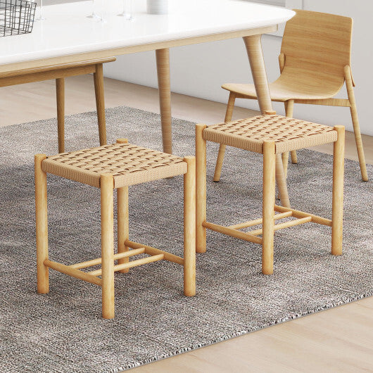 Dining Stool Set of 2 with Rubber Wood Frame-Natural - Color: Natural