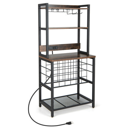 Wine Bar Cabinet Wine Rack with 4 Tier Storage Shelves and Glass Holders-Brown - Color: Brown - Size: 4-Tier