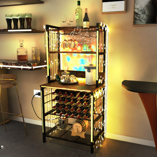 Wine Bar Cabinet Wine Rack with 4 Tier Storage Shelves and Glass Holders-Brown - Color: Brown - Size: 4-Tier