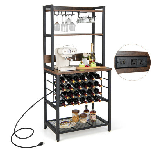 Wine Bar Cabinet Wine Rack with 4 Tier Storage Shelves and Glass Holders-Brown - Color: Brown - Size: 4-Tier