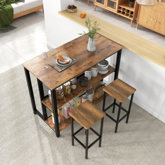 36 Inch 3-Tier Bar Table with Storage Metal Frame Adjustable Foot Pads for Dining Room-Rustic Brown - Color: Rustic Brown