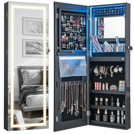 42.5 Inches Lockable Jewelry Mirror Wall Cabinet with 3-Color LED Lights-Black - Color: Black