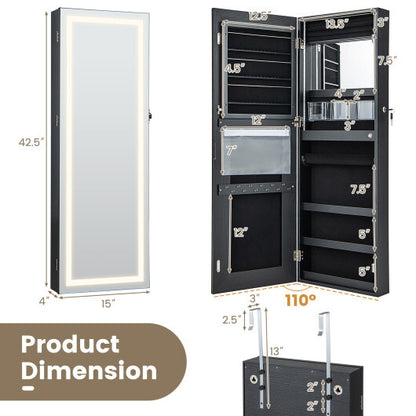 42.5 Inches Lockable Jewelry Mirror Wall Cabinet with 3-Color LED Lights-Black - Color: Black