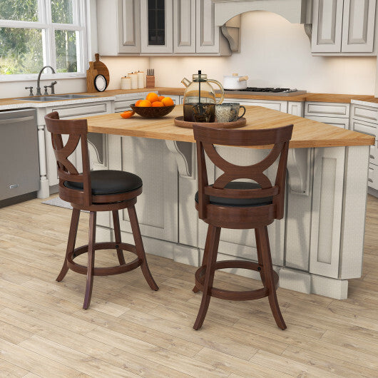 24 Inch Swivel Bar Stools Set of 2 with Soft Cushion and Elegant Hollow Backrest - Color: Rustic Brown - Size: 24 inches