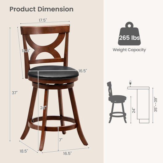 24 Inch Swivel Bar Stools Set of 2 with Soft Cushion and Elegant Hollow Backrest - Color: Rustic Brown - Size: 24 inches