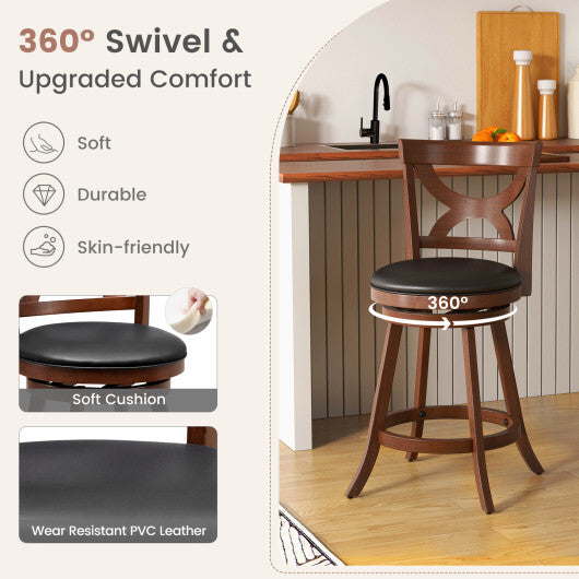 24 Inch Swivel Bar Stools Set of 2 with Soft Cushion and Elegant Hollow Backrest - Color: Rustic Brown - Size: 24 inches