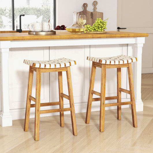 Faux PU Leather Bar Stools Set of 2 with Woven Curved Seat Natural-31 inches - Color: Natural - Size: 31 inches