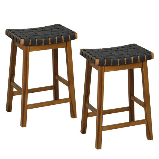 Faux PU Leather Bar Height Stools Set of 2 with Woven Curved Seat-25 Inches - Size: 25 inches