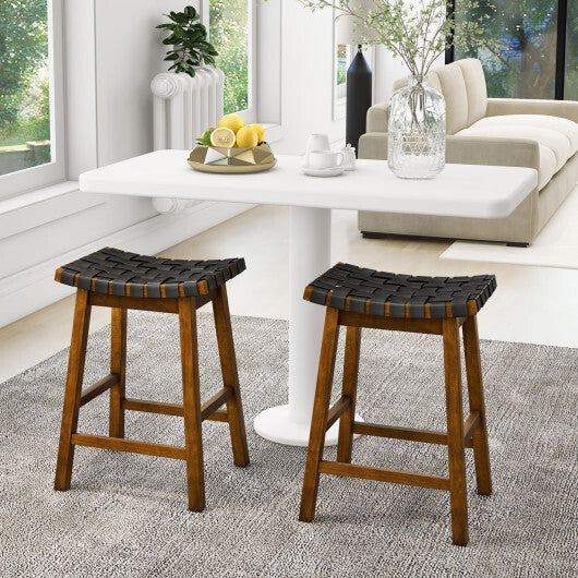 Faux PU Leather Bar Height Stools Set of 2 with Woven Curved Seat-25 Inches - Size: 25 inches