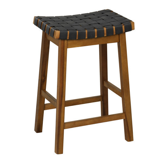 Faux PU Leather Bar Height Stools Set of 2 with Woven Curved Seat-25 Inches - Size: 25 inches