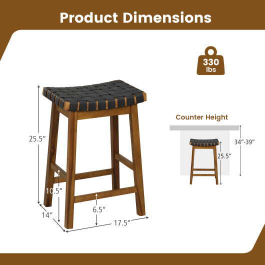 Faux PU Leather Bar Height Stools Set of 2 with Woven Curved Seat-25 Inches - Size: 25 inches