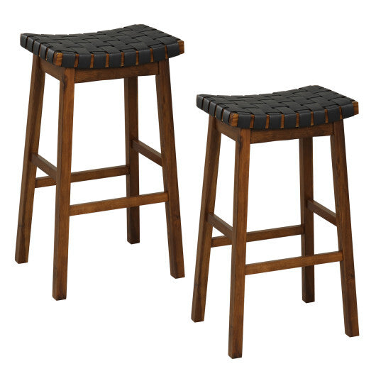 Faux PU Leather Bar Height Stools Set of 2 with Woven Curved Seat-29 Inches - Size: 29 inches