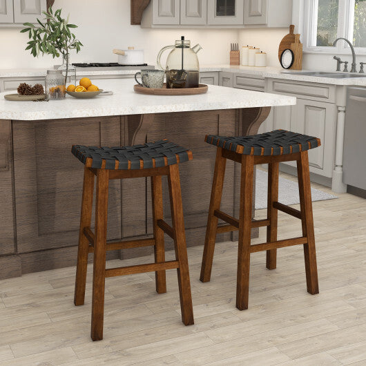 Faux PU Leather Bar Height Stools Set of 2 with Woven Curved Seat-29 Inches - Size: 29 inches