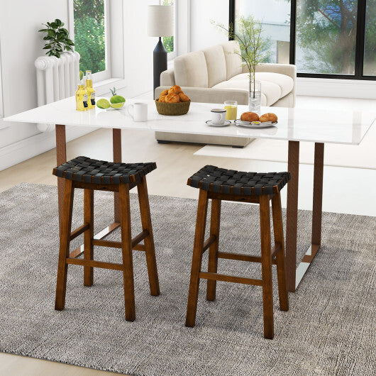 Faux PU Leather Bar Height Stools Set of 2 with Woven Curved Seat-29 Inches - Size: 29 inches