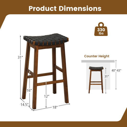 Faux PU Leather Bar Height Stools Set of 2 with Woven Curved Seat-29 Inches - Size: 29 inches