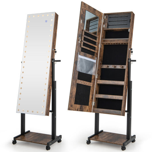 3-Color 46 LED Lights?Mirror Jewelry Cabinet Armoire Adjustable Height with Wheels-Brown - Color: Brown