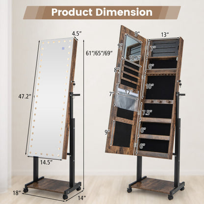 3-Color 46 LED Lights?Mirror Jewelry Cabinet Armoire Adjustable Height with Wheels-Brown - Color: Brown