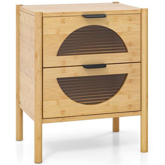 Bamboo Nightstand with 2 Storage Drawers and Reeded Tempered Glass Fronts-Natural - Color: Natural