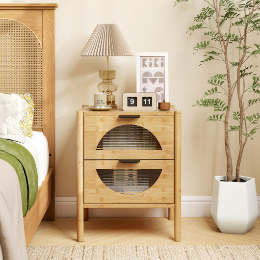 Bamboo Nightstand with 2 Storage Drawers and Reeded Tempered Glass Fronts-Natural - Color: Natural