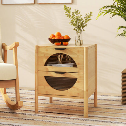 Bamboo Nightstand with 2 Storage Drawers and Reeded Tempered Glass Fronts-Natural - Color: Natural