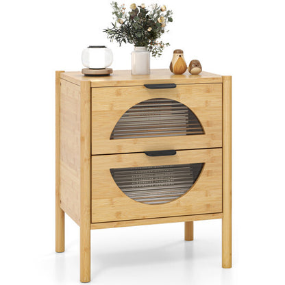 Bamboo Nightstand with 2 Storage Drawers and Reeded Tempered Glass Fronts-Natural - Color: Natural