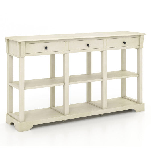 58 Inch Retro Console Table with 3 Drawers and Open Shelves Rectangular Entryway Table-White - Color: White