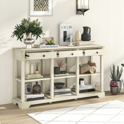 58 Inch Retro Console Table with 3 Drawers and Open Shelves Rectangular Entryway Table-White - Color: White