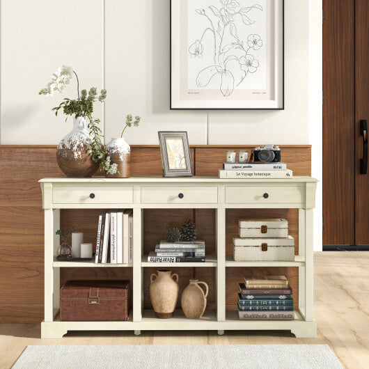 58 Inch Retro Console Table with 3 Drawers and Open Shelves Rectangular Entryway Table-White - Color: White