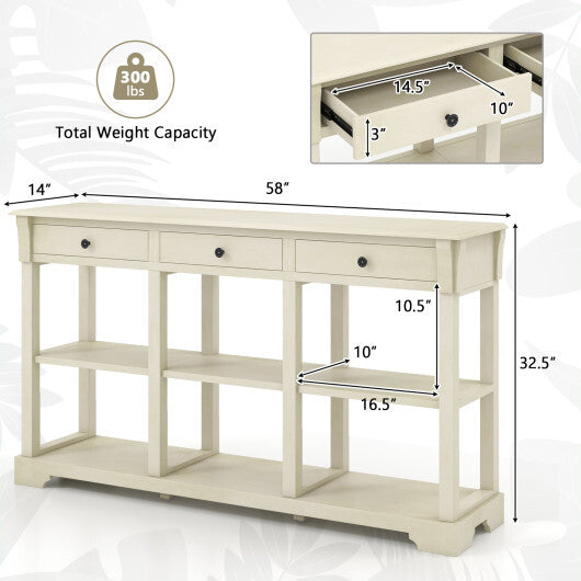 58 Inch Retro Console Table with 3 Drawers and Open Shelves Rectangular Entryway Table-White - Color: White