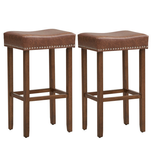 Upholstered Bar Stools Set of 2 with Footrests for Counter-Brown - Color: Brown - Size: 29.5 inches