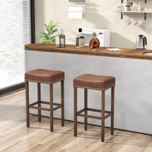 Upholstered Bar Stools Set of 2 with Footrests for Counter-Brown - Color: Brown - Size: 29.5 inches