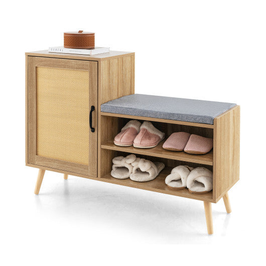 2-in-1 Rattan Shoe Cabinet with Bench Shoe Storage Bench with Washable Cushion-Natural - Color: Natural